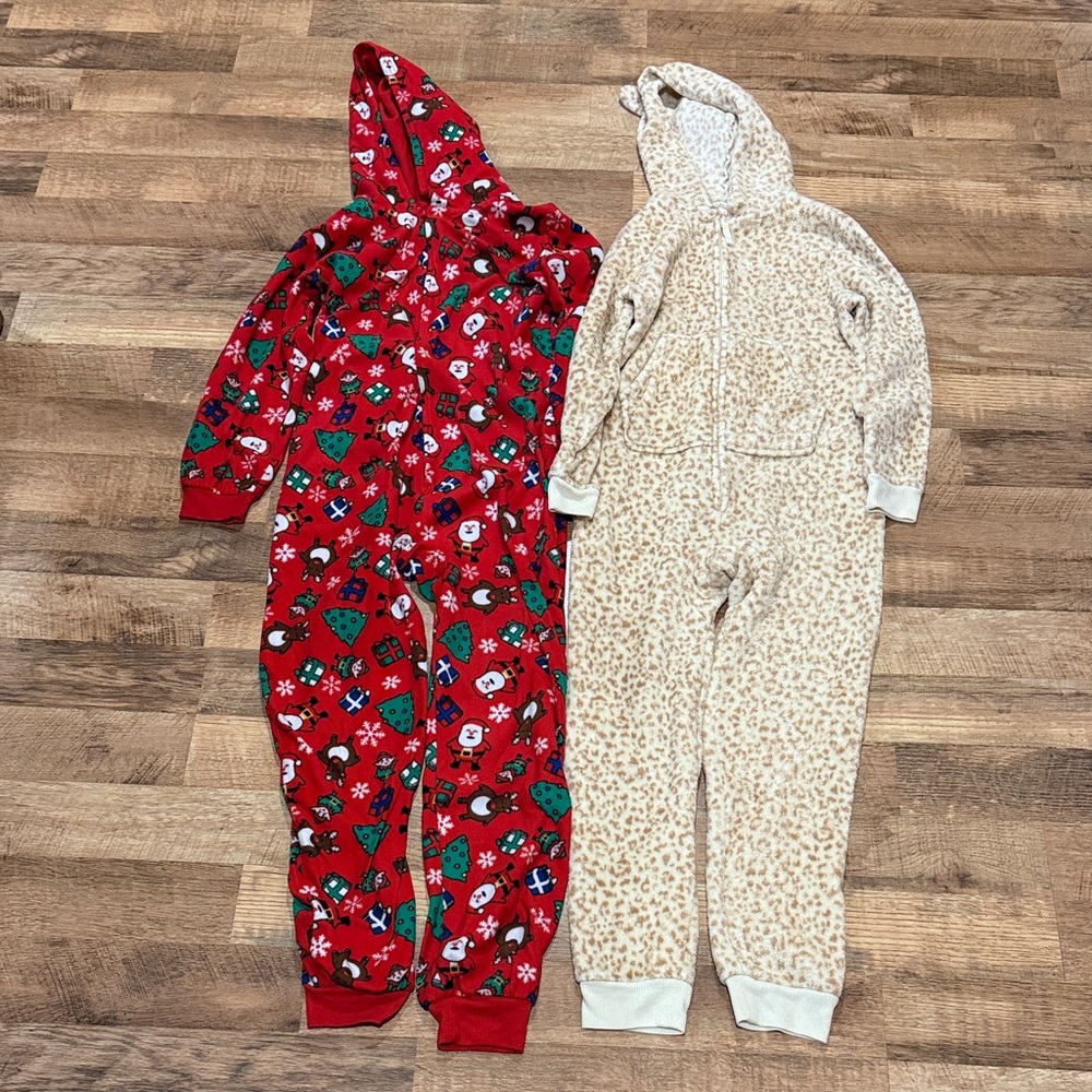 Festive Red and Leopard Print Hooded Onesie Set - Size 14